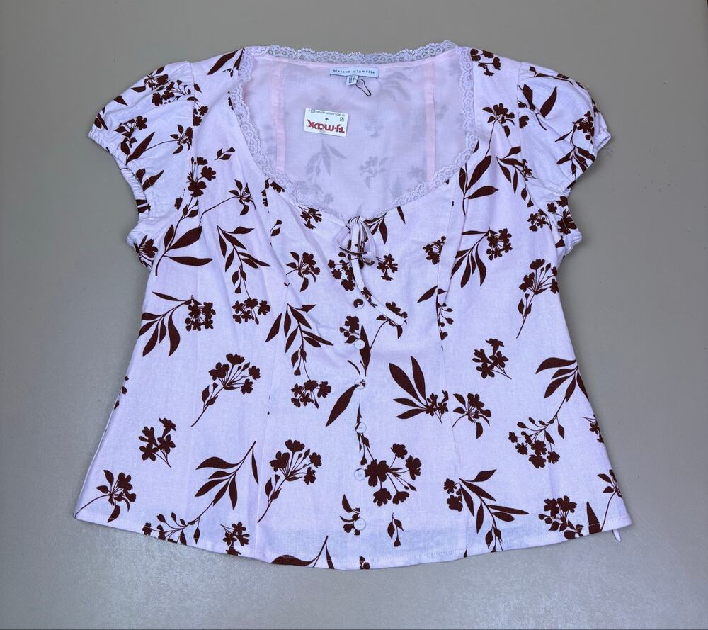 Women's Maison d’Amélie Floral Blouse S Pink Brown Lace Trim Button Front NWOT
